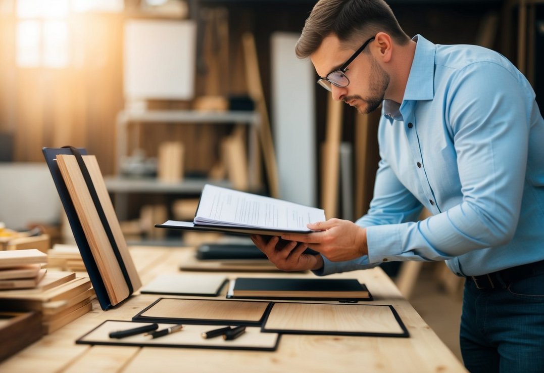 En person undersøger nøje en portfolio af træbearbejdningsprojekter for at finde den perfekte tømrer til deres projekt En person undersøger nøje en portfolio af træbearbejdningsprojekter for at finde den perfekte tømrer til deres projekt